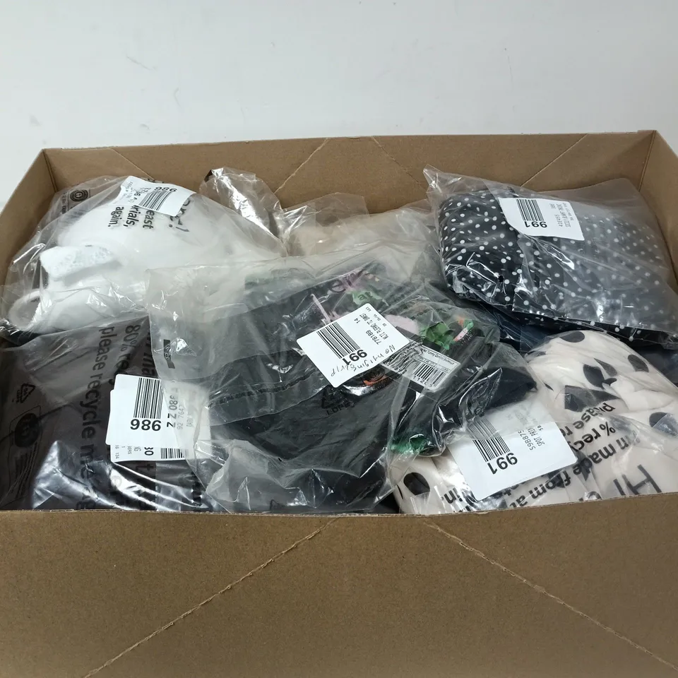 BOX OF APPROXIMATELY 20 ASSORTED CLOTHING ITEMS OF VARIOUS STYLES AND SIZES TO INCLUDE DARK BLUE TANKINI, SICILY TANKINI, DARK BROWN TROUSERS ETC