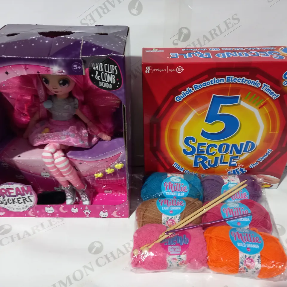 BOX OF APPROXIMATELY 10 ASSORTED TOYS AND GAMES TO INCLUDE 5 SECOND RULE GAME, DREAM SEEKERS BELLA, ETC