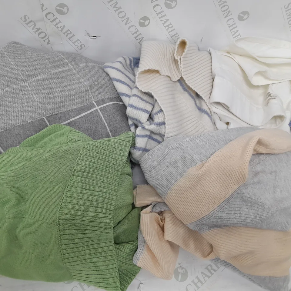 LARGE BOX OF ASSORTED CLOTHING ITEMS TOO INCLUDE TOPS , TROUSERS AND JUMPERS COMING IN DIFFERENT COLOURS AND SIZES