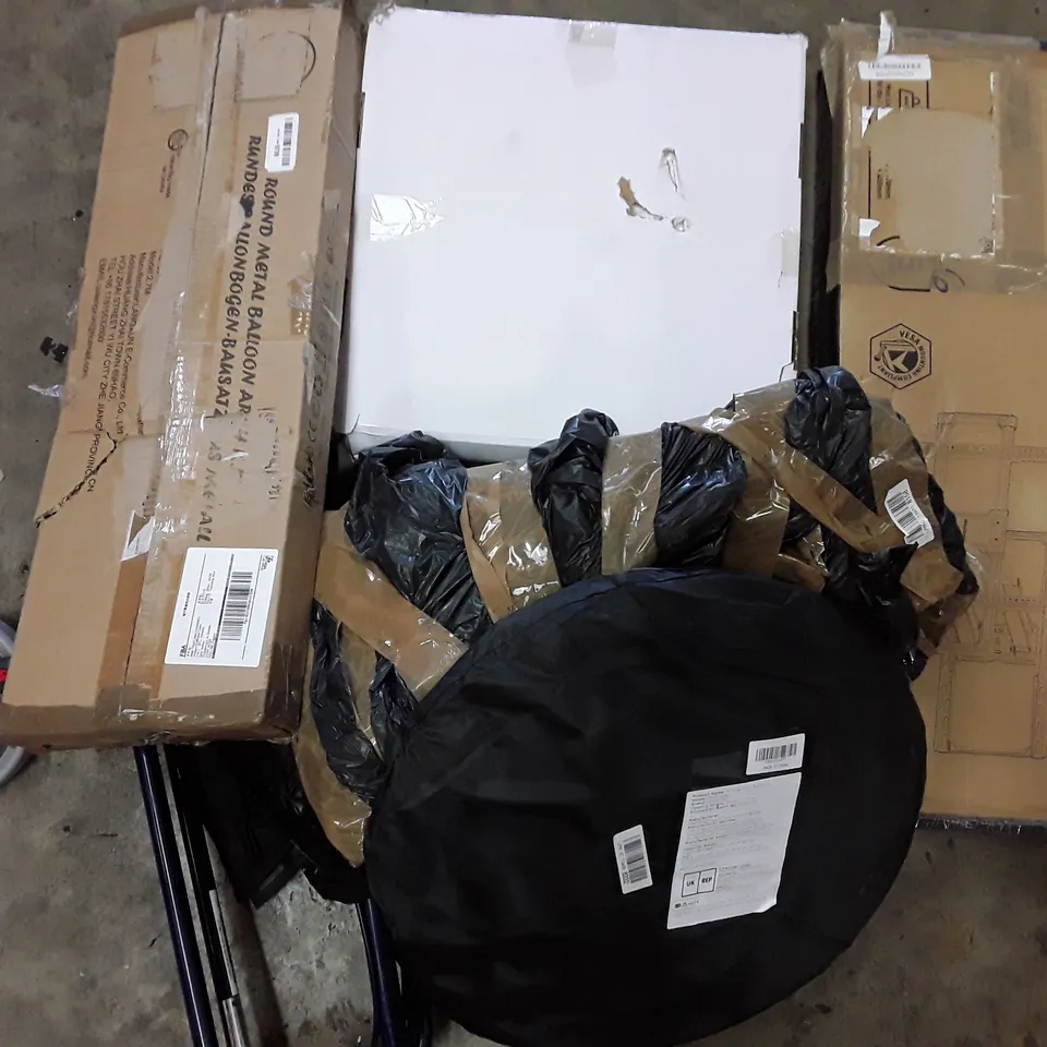 PALLET TO CONTAIN AN ASSORTMENT OF HOUSEHOLD ITEMS TO INCLUDE WALL CLOCKS, PHOTOGRAPHY BACKDROP, TV WALL MOUNT AND ROLLATOR ECT