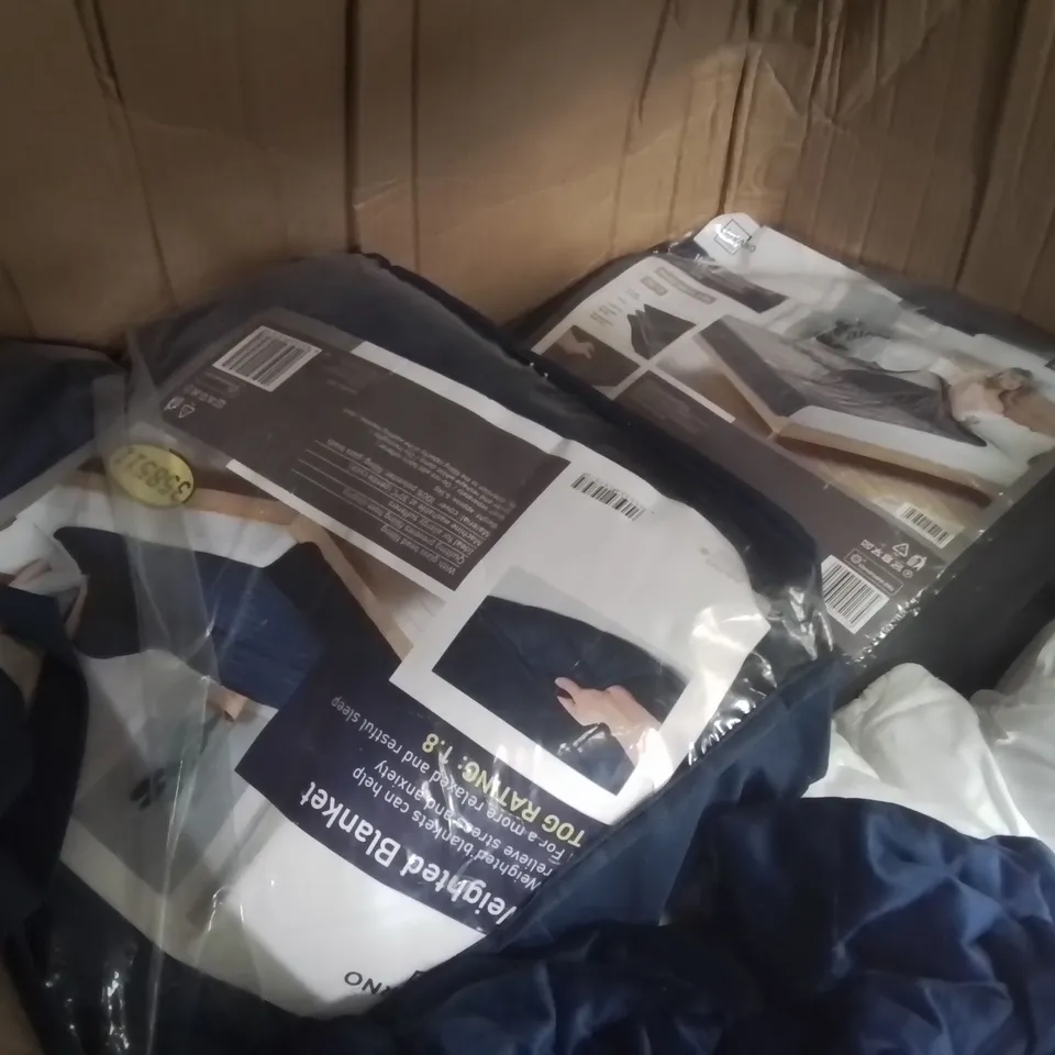 LARGE BOX OF ASSORTED DUVETS, WEIGHTED BLANKETS AND PILLOWS