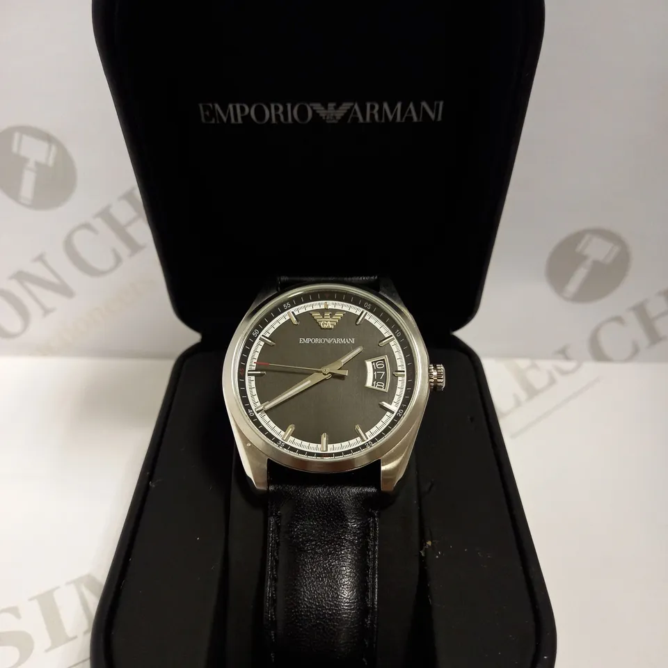 EMPORIO ARMANI SILVER EFFECT WATCH WITH LEATHER EFFECT STRAP