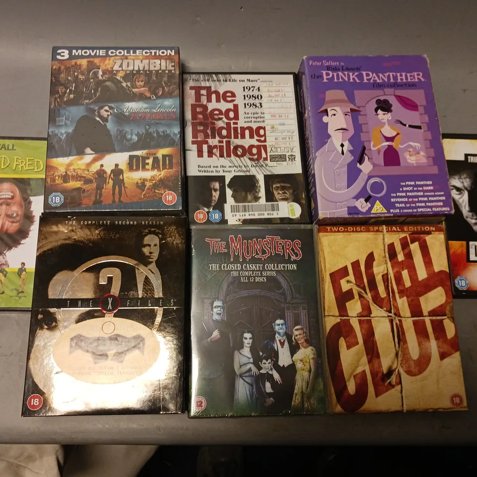 BOX OF APPROX 20 ASSORTED DVDS TO INCLUDE - VAN DAMME THE ORDER IN HELL WAKE OF DEATH, FLIGHT CLUB , PINK PANTHER FILM COLLECTION ETC