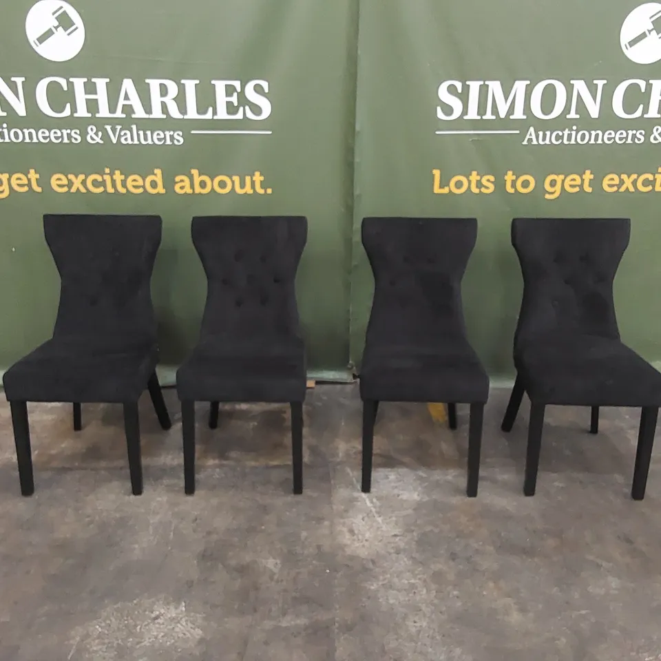 SET OF 4 KENSINGTON BLACK VELVET BUTTON BACK DINING CHAIRS - BLACK LEGS 