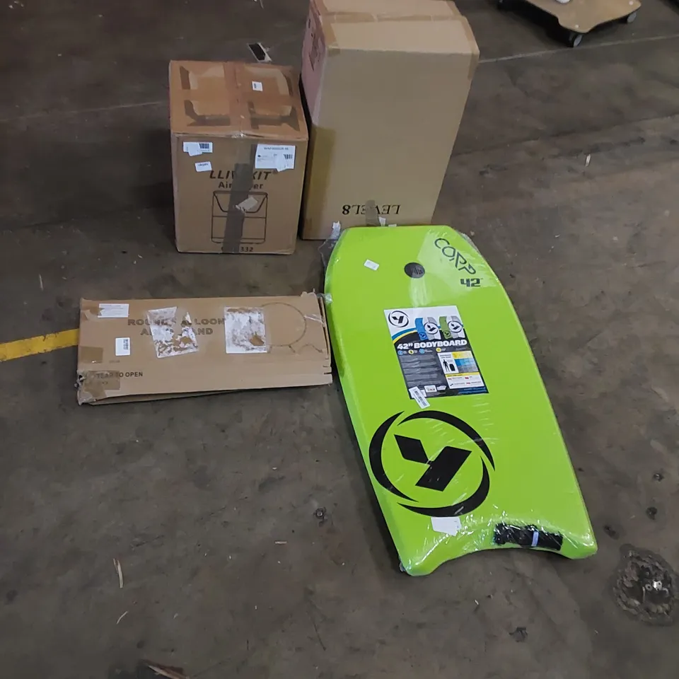PALLET TO CONTAIN ASSORTED HOUSEHOLD PRODUCTS. INCLUDES AIR FRYER, AIR PURIFIER, BALLOON STAND, BODYBOARD ETC 