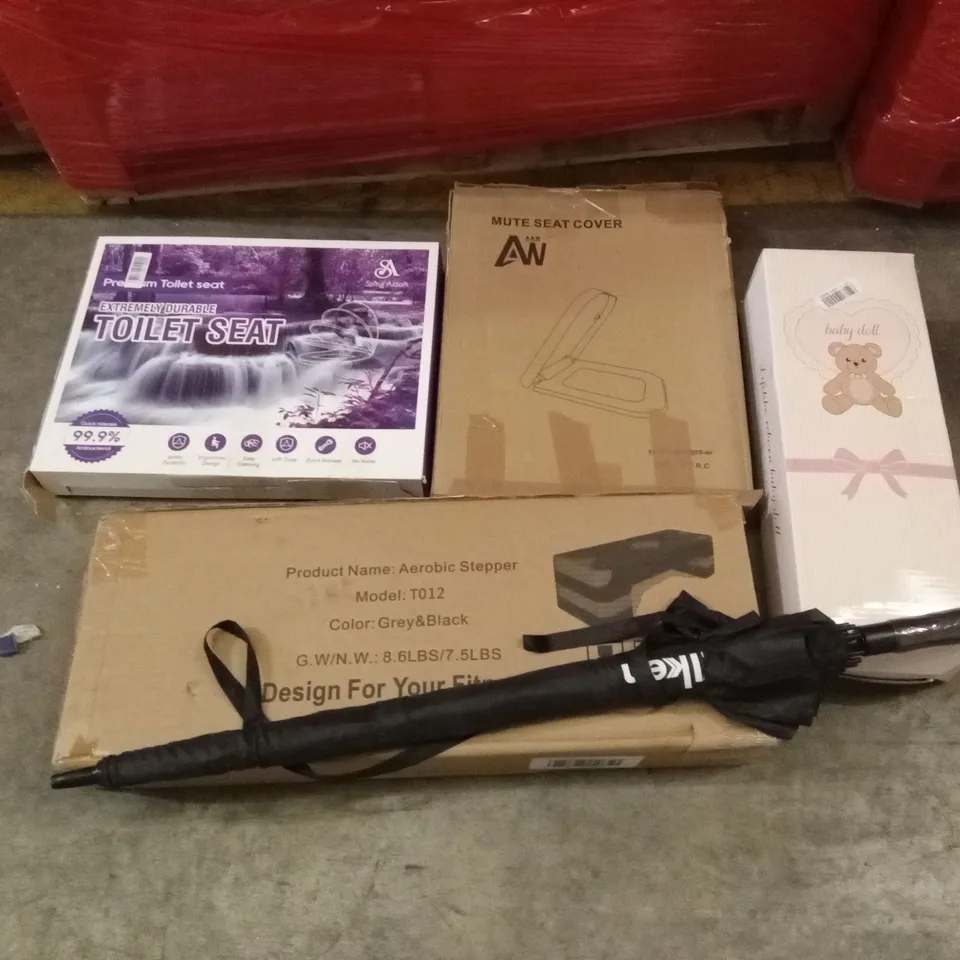 PALLET OF ASSORTED HOUSEHOLD GOODS AND PRODUCTS TO INCLUDE; UMBRELLA, BLINDS, TOILET SEATS, AEROBIC STEPPER ETC