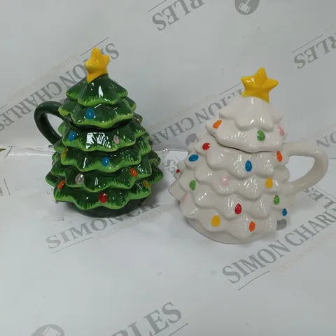 MR CHRISTMAS SET OF NOSTALGIC CERAMIC CHRISTMAS TREE MUGS IN GIFT BOXES (GREEN & WHITE)