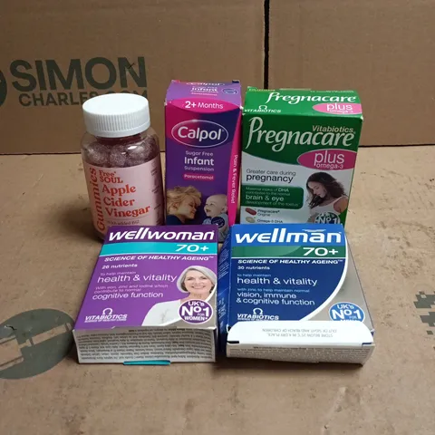 TOTE OF APPROXIMATELY 20 ASSORTED HEALTH/VITAMIN RELATED ITEMS TO INCLUDE WELLWOMAN 70+, WELLMAN 70+, PREGNACARE PLUS, CALPOL, APPLE CIDER VINEGAR GUMMIES ETC