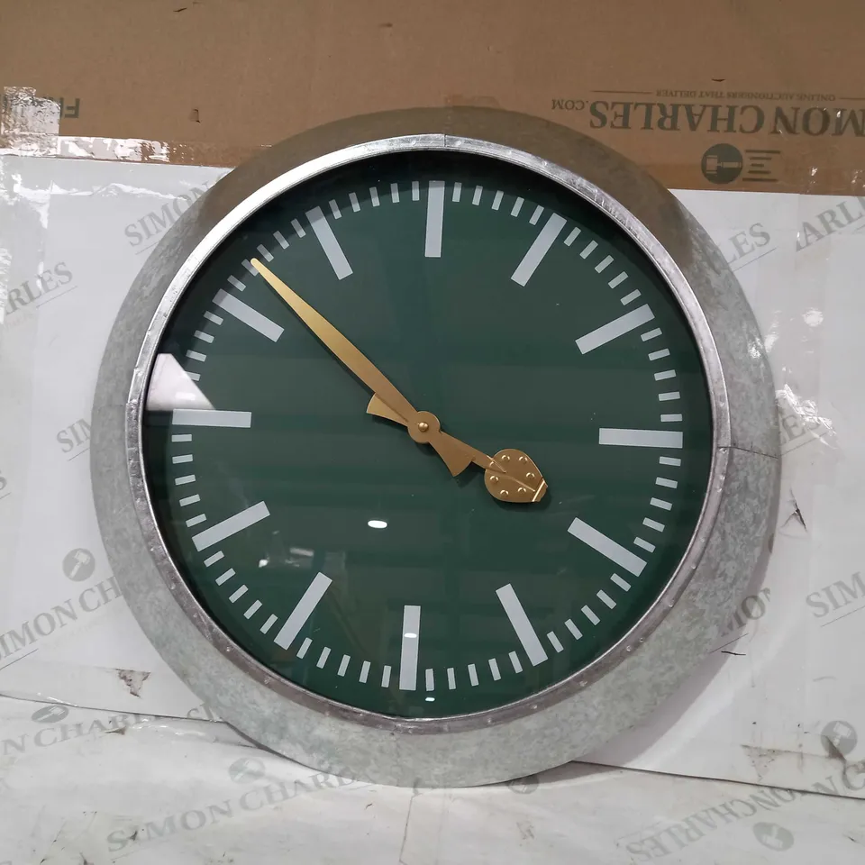 LARGE OUTDOOR GALVANISED STEEL CLOCK - GREEN FACE