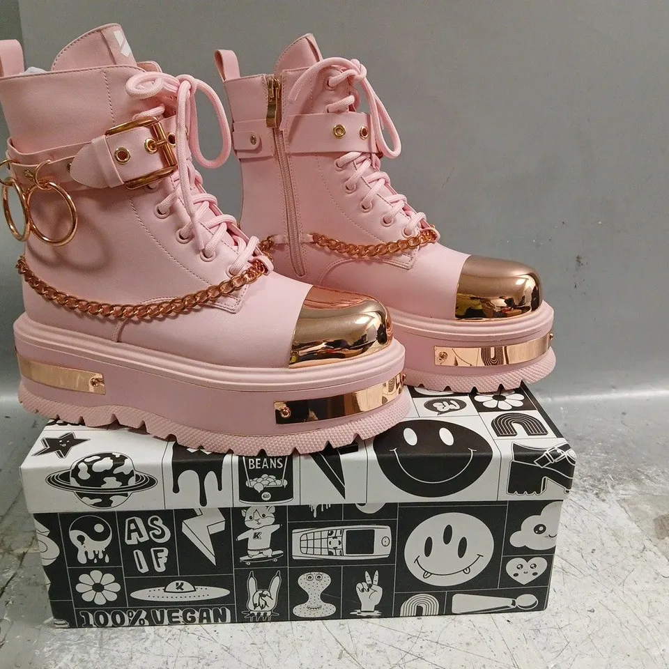 BOXED PAIR OF KOI ROSE GOLD BORIN HARDWARE PLATFORM BOOTS IN PINK/ROSE GOLD SIZE UK 4