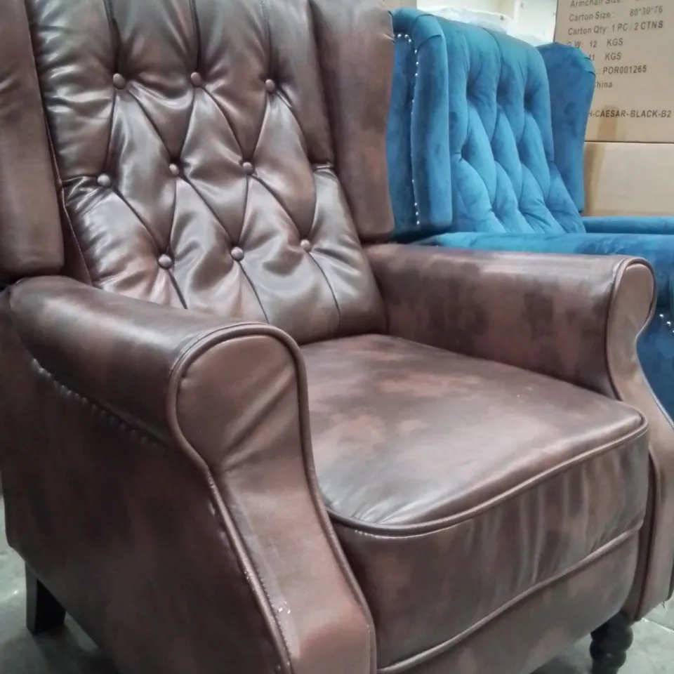 QUALITY DESIGNER BROWN LEATHER BUTTON BACK ARM CHAIR 