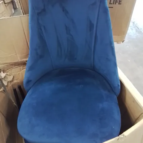 A BOXED SET OF 2 BLUE VELVET DINING ROOM CHAIRS (1 BOX)