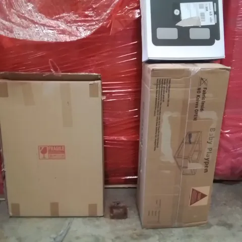 PALLET OF ASSORTED HOUSEHOLD GOODS AND PRODUCTS TO INCLUDE;MIRROR,WEIGHING SCALES,PLAYPEN 