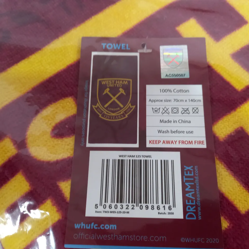 PAIR OF WEST HAM OFFICIALLY LICENSED 125 YEARS BEACH TOWELS