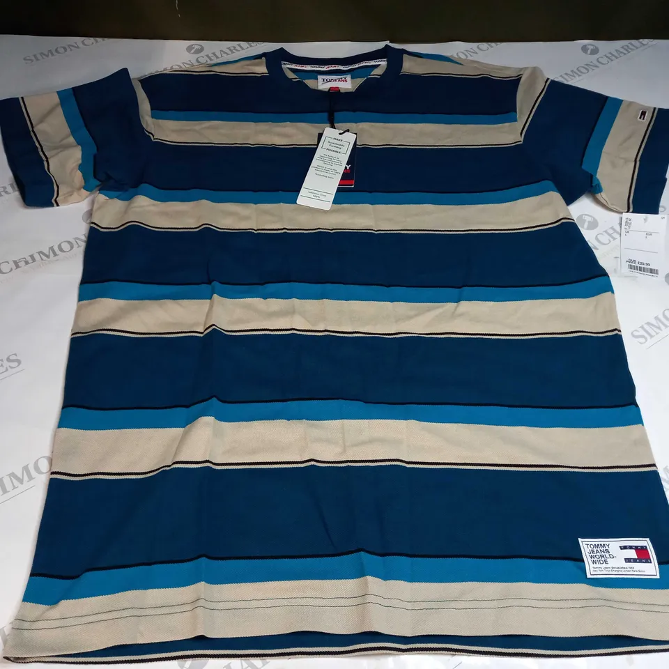 TOMMY JEANS BOLD PIQUE STRIPE TEE IN BLUE, BLACK, BEIGE - LARGE