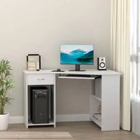 BOXED HOMCOM L-SHAPED CORNER COMPUTER DESK W/ 2 SHELVES WIDE WORKTOP KEYBOARD TRAY DRAWER & CPU STAND HOME OFFICE STUDY BEDROOM FURNITURE WHITE