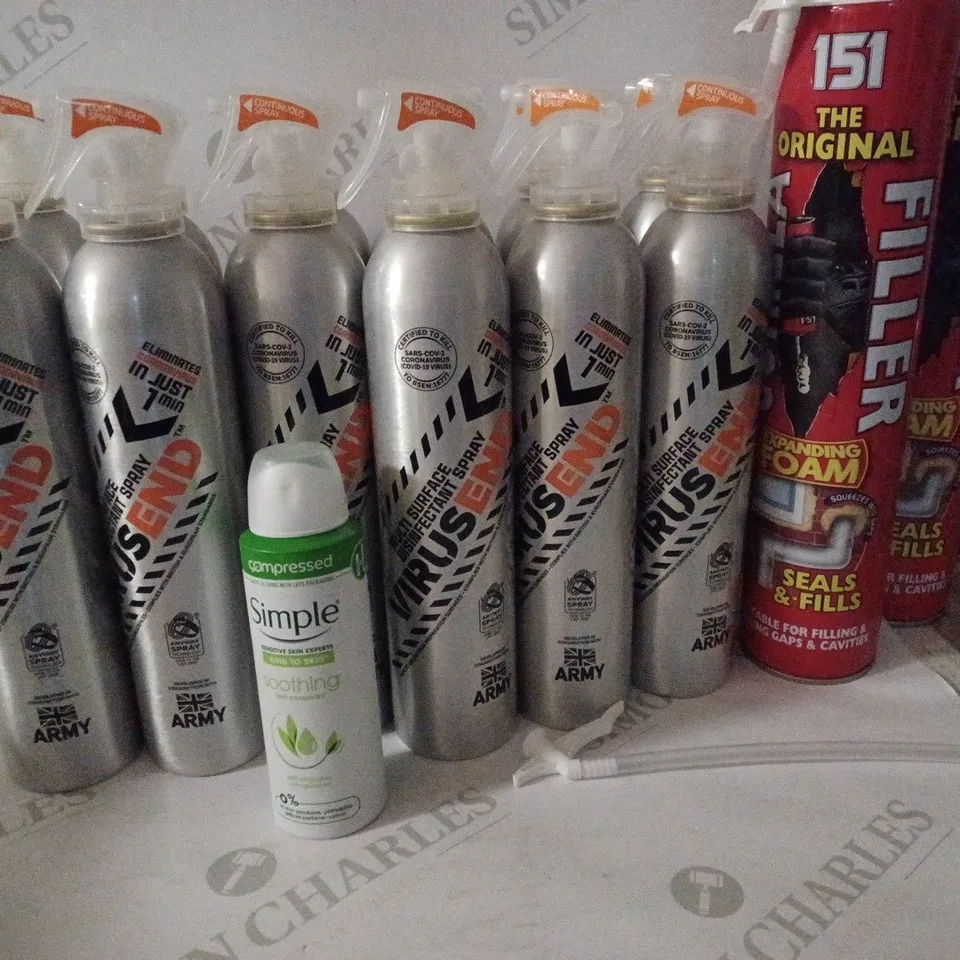 BOX OF HOUSEHOLD ITEMS TO INCLUDE DISINFECTANT SPRAY AND EXPANDING FOAM