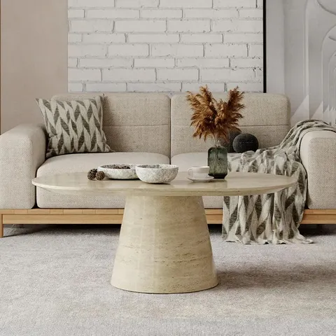 BOXED CARRERA COFFEE TABLE - OVAL - TRAVERTINE BEIGE ENGINEERED MARBLE (2 BOXES)