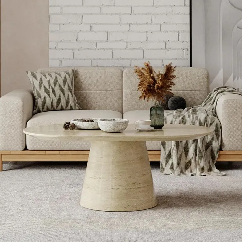 BOXED CARRERA COFFEE TABLE - OVAL - TRAVERTINE BEIGE ENGINEERED MARBLE (2 BOXES)
