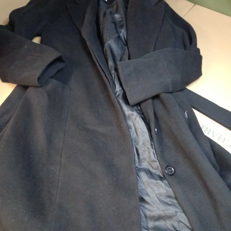 DESIGNER BLACK FAUX FUR TRIMMED COLLAR WOMENS OVER COAT - SIZE 14