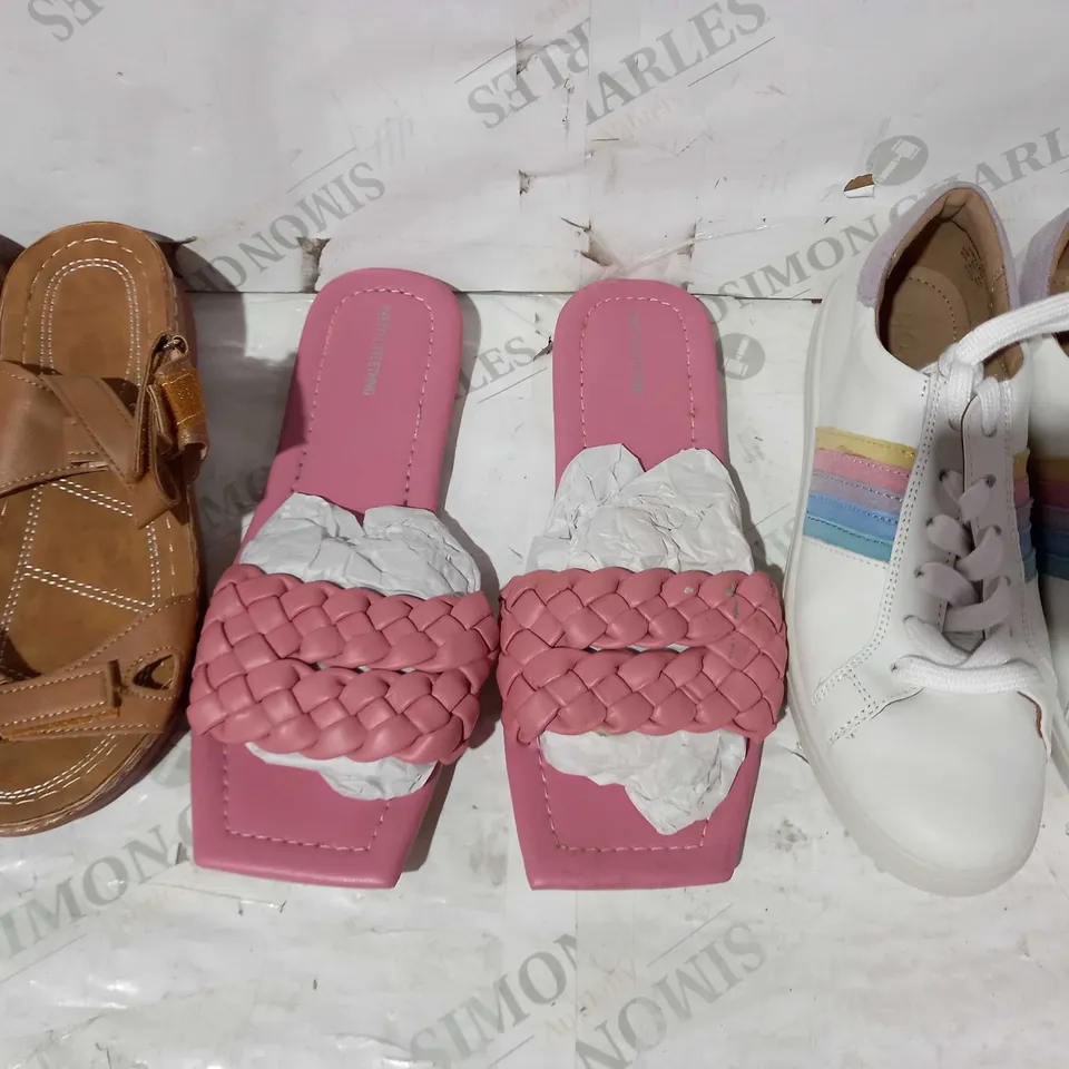 BOX OF APPROXIMATELY 15 ASSORTED PAIRS OF SHOES AND FOOTWEAR ITEMS IN VARIOUS STYLES AND SIZES TO INCLUDE PRETTY LITTLE THING, HOTTER, ETC