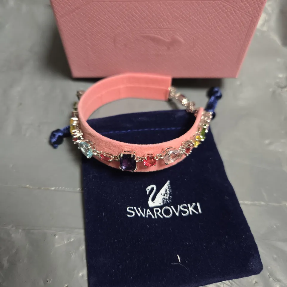 SWAROVSKI CRYSTAL BRACELET ON PINK VELVET STRAP – WITH BOX & POUCH
