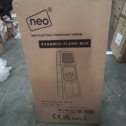 BOXED NEO MODERN TALL TRIANGLE PYRAMID FREE STANDING ELECTRIC FIREPLACE STOVE REAL LOG FLAME EFFECT LED FLAME ADJUSTABLE THERMOSTAT CONTROL 2 HEAT SETTINGS