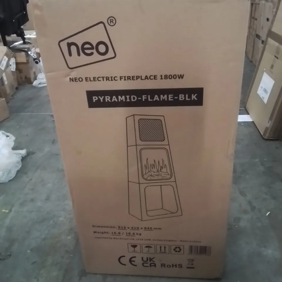 BOXED NEO MODERN TALL TRIANGLE PYRAMID FREE STANDING ELECTRIC FIREPLACE STOVE REAL LOG FLAME EFFECT LED FLAME ADJUSTABLE THERMOSTAT CONTROL 2 HEAT SETTINGS