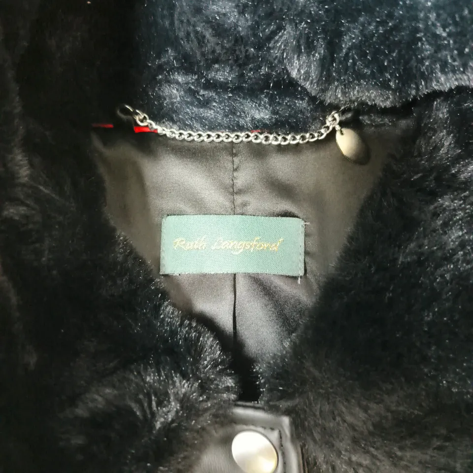 RUTH LANGSFORD BLACK FAUX-LEATHER BOMBER JACKET WITH FUR COLLAR – SIZE 10