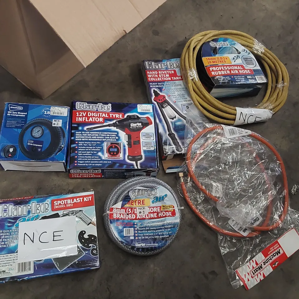 BOX CONTAINING A LARGE ASSORTMENT OF TOOLS TO INCLUDE: AIR COMPRESSOR, 12V DIGITAL TYRE INFLATOR, SPOTBLAST KIT, HAND RIVETER, HOSES ECT