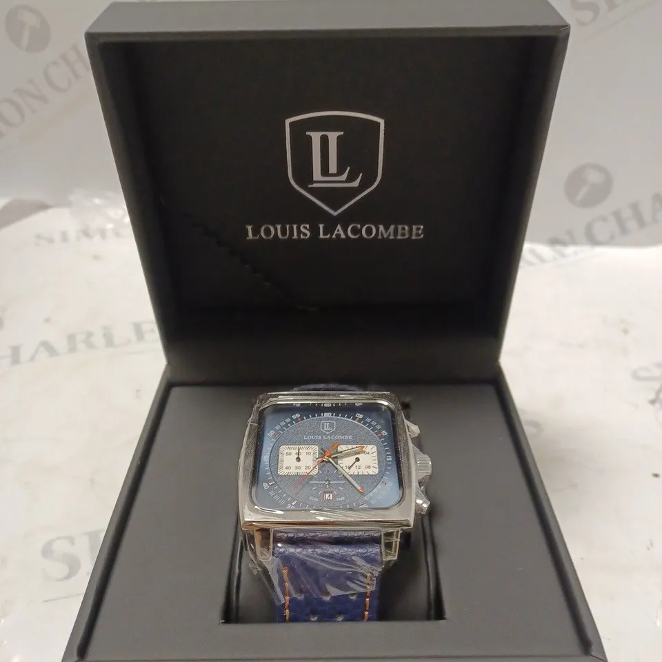 MENS LOUIS LACOMBE WATCH – SQUARE DIAL WITH WHITE SUB DIALS – LEATHER STRAP