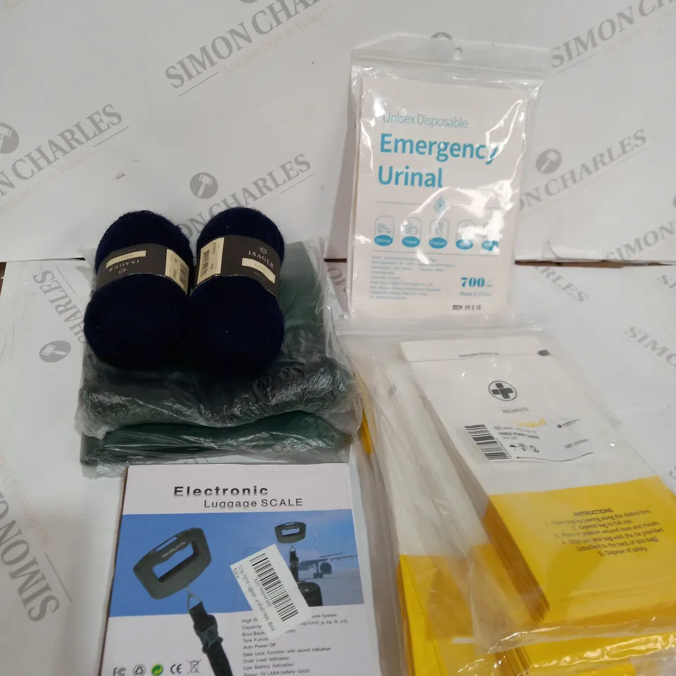 BOX OF ITEMS APPROXIMATELY 25 TO INCLUDE SHOCK PROOF TABLET CASE, ELECTRONIC LUGGAGE SCALE, ADJUSTABLE METAL CANE ETC