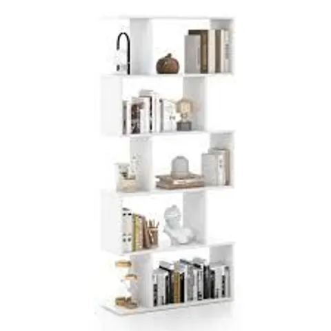 BOXED COSTWAY GEOMETRIC S-SHAPED BOOKCASE WITH ANTI-TOPPLING DEVICE FOR LIVING ROOM HOME OFFICE - WHITE