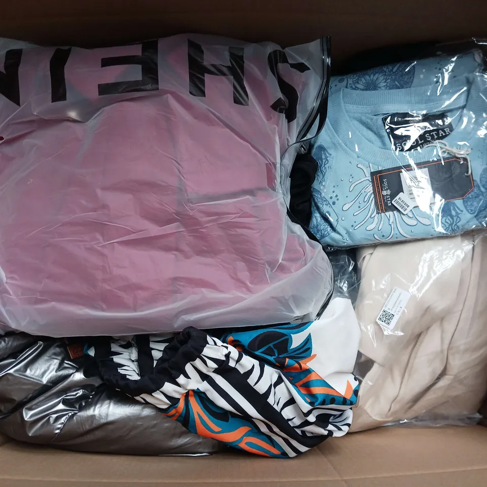 LARGE BOX OF APPROXIMATELY 20 ASSORTED CLOTHING ITEMS IN VARIOUS SIZES, STYLES AND COLOUR 