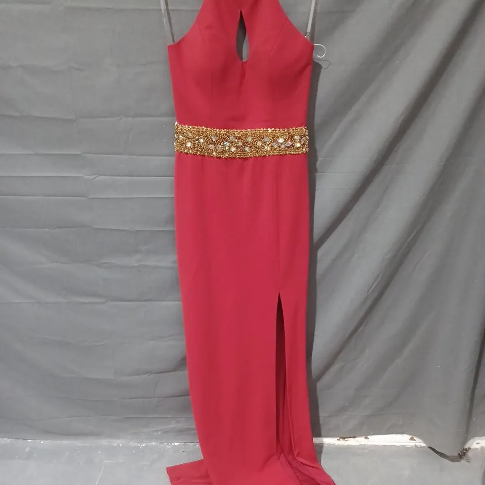 PIA MICHI HALTER NECK FAUX CRYSTAL DETAIL LONG DRESS IN RED - SIZE 36