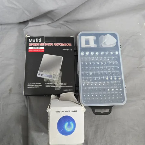 BOX OF ASSORTED ITEMS TO INCLUDE TOOL BITS - CAR BALLS TOY -  LED LIGHT 
