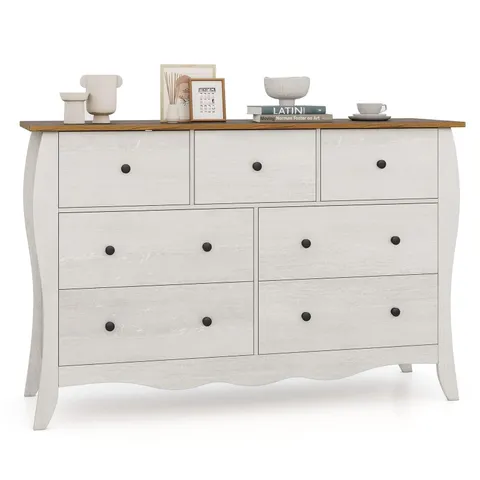 BOXED CHEST OF DRAWERS WITH 7 FOLDING TEXTILE DRAWERS COUNTRY STYLE SIDEBOARD WARDROBE - GREY