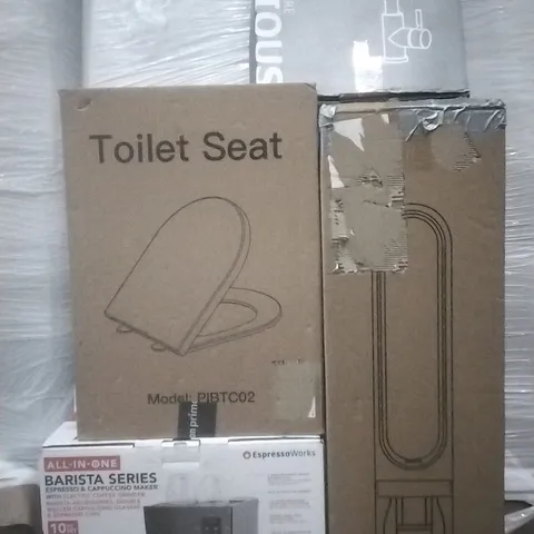 PALLET OF ASSORTED BOXED ITEMS INCLUDING BARISTA SERIES ESPRESSO MAKER , HUMIDIFYING BLADELESS FAN, TOILET SEAT AND FORIOUS KITCHEN TAP