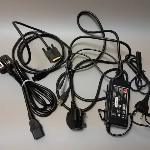 APPROXIMATELY 5 ASSORTED CABLES TO INCLUDE KETTLE LEAD, USB-A TO MICRO-USB CABLE, DVI TO HDMI CABLE, ETC