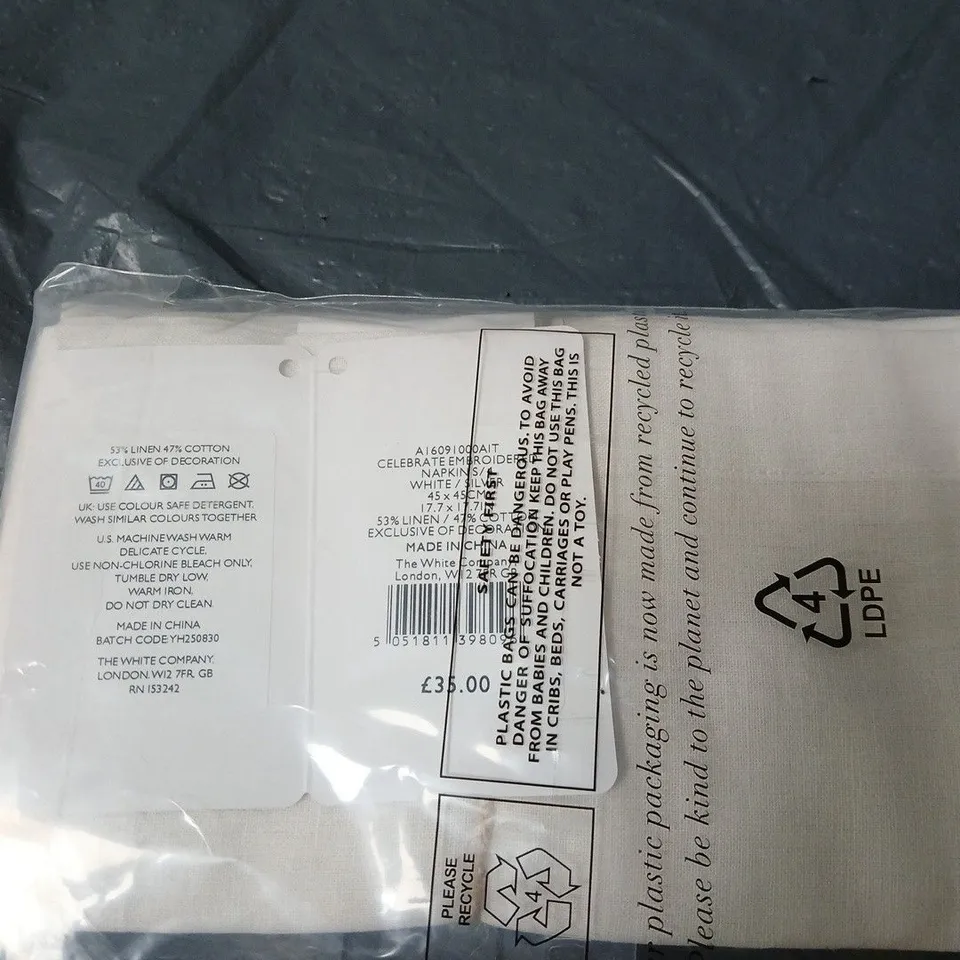 THE WHITE COMPANY LONDON CELEBRATE EMBROIDERED NAPKINS SET