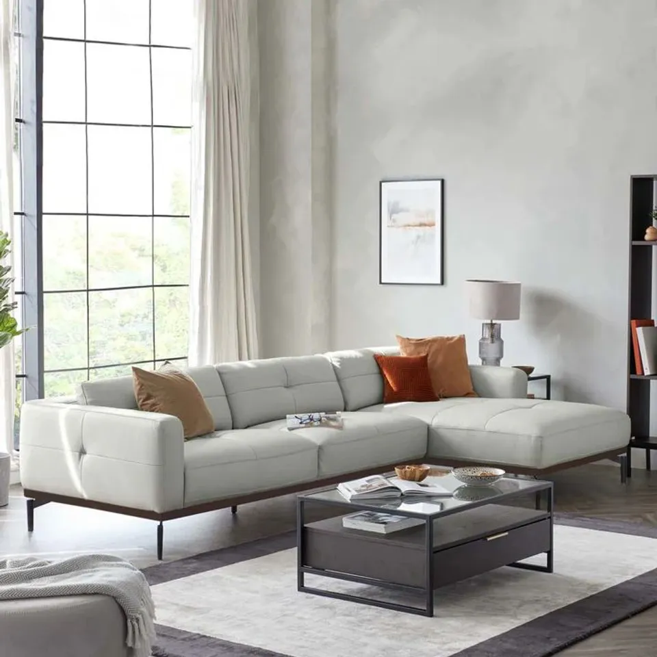 BOXED DANETTI COLTON NATURAL GREY LEATHER RIGHT HAND CORNER CHAISE SOFA (2 BOXES)