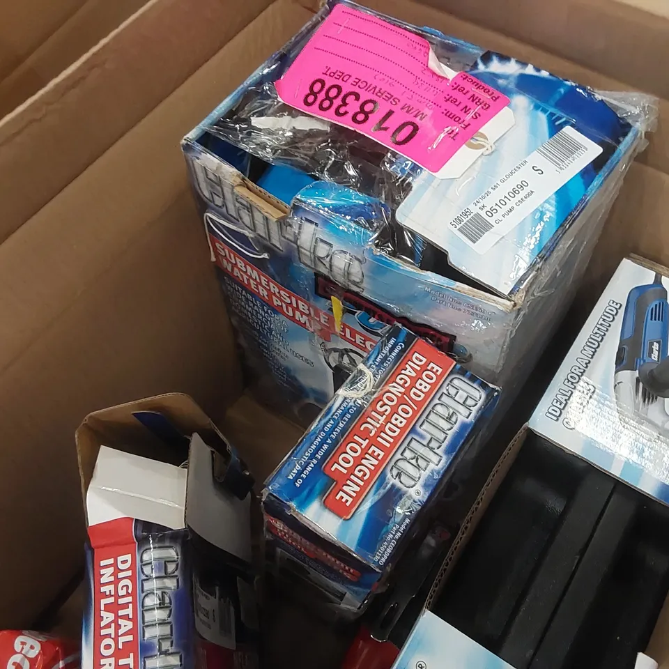 BOX CONTAINING ASSORTED CLARKE TOOLS INCLUDING: ENGINE DIAGNOSTICS TOOL, MULTIFUNCTIONAL TOOL KIT, SUBMERSIBLE ELECTRIC WATER PUMP ECT
