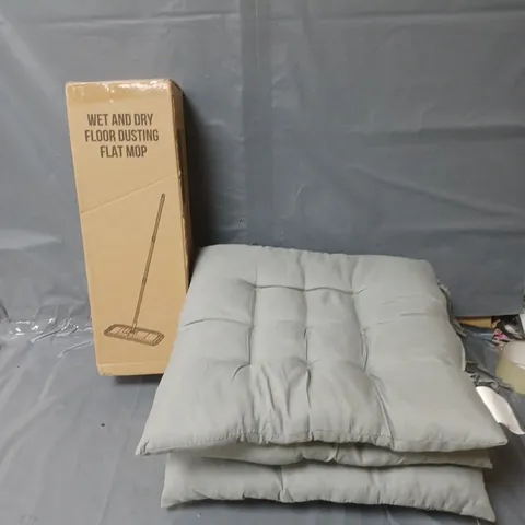 APPROXIMATELY 8 HOUSEHOLD ITEMS TO INCLUDE SEAT CUSHIONS AND A WET AND DRY FLOOR DUSTING FLAT MOP
