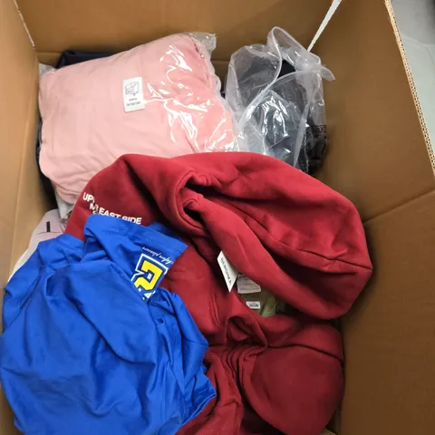 LARGE BOX OF ASSORTED CLOTHING ITEMS IN VARIOUS SIZES, STYLES AND COLOUR 