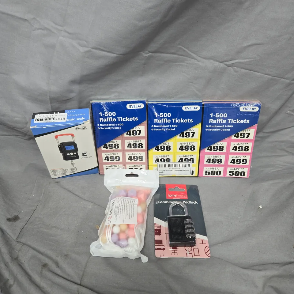 APPROXIMATELY 15 ASSORTED HOUSEHOLD ITEMS TO INCLUDE RAFFLE TICKETS, PADLOCK AND ELECTRONIC SCALE