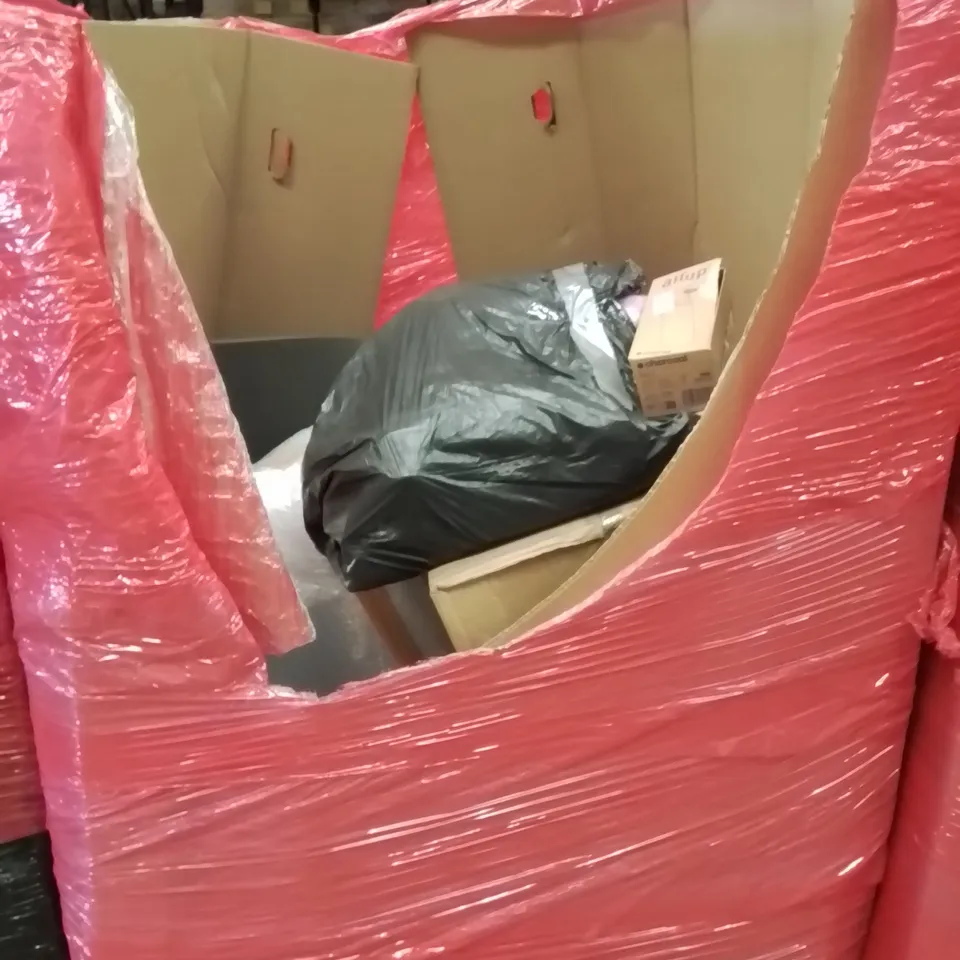 PALLET CONTAINING VARIOUS ASSORTED BOXED HOUSEHOLD ITEMS TO INCLUDE:  AIR BEDS, STORAGE BOXES, AIR UP BOTTLE ETC.