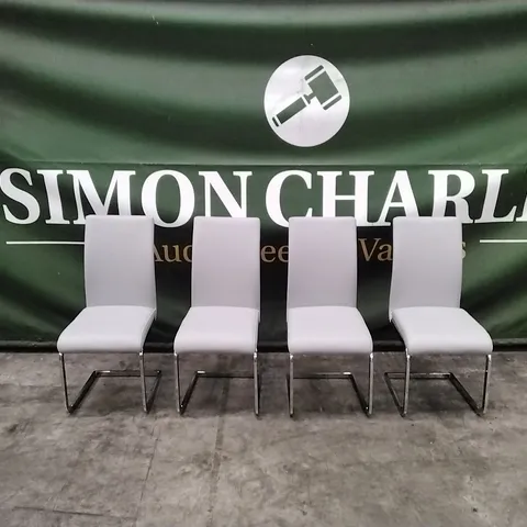 SET OF 4 DESIGNER PERTH DINING CHAIRS IN LIGHT GREY PREMIUM FAUX LEATHER & CHROME LEGS