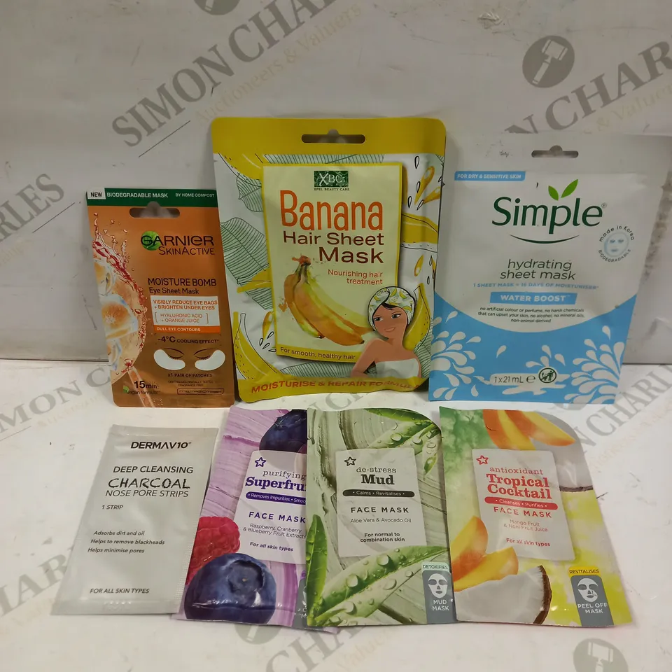 COLLECTION OF 7 FACIAL MASKS & TREATMENTS TO INCLUDE MOISTURE BOMB, BANANA HAIR SHEET MASK, CHARCOAL NOSE PORE STRIPS ETC 