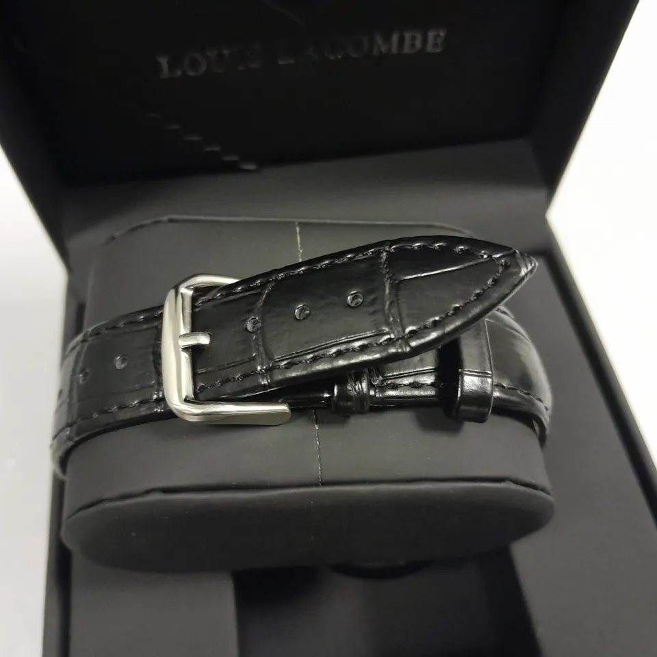 LOUIS LACOMBE CHRONOGRAPH WATCH WITH STAINLESS STEEL CASE AND BLACK LEATHER STRAP IN GIFT BOX