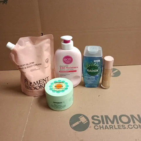 APPROXIMATEY 20 ASSORTED HEALTH AND BEAUTY PRODUCTS TO INCLUDE - RADOX SHOWER GEL - ELEMENT HAND AND BODY CREMA REFILL POUCH AND ELF FOUNDATION